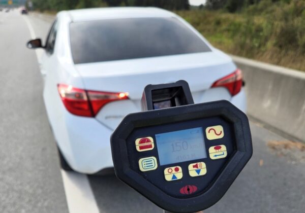 Police radar shows a car travelling 150 km/h on Highway 91 near the Alex Fraser Bridge.
